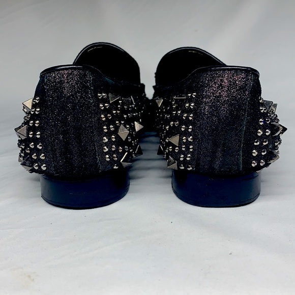 FIESSO Black Leather Loafers With Spike / Rhinestones Studs and Tassels - Picture 6 of 8